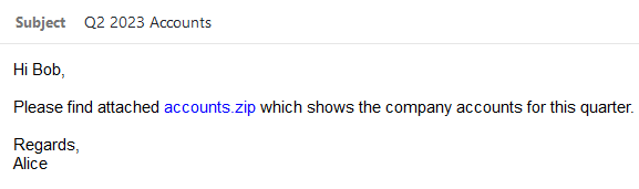 Subject: Q2 2023 Accounts

Hi Bob,
Please find attached accounts.zip which shows the company accounts for this quarter.
Regards,
Alice