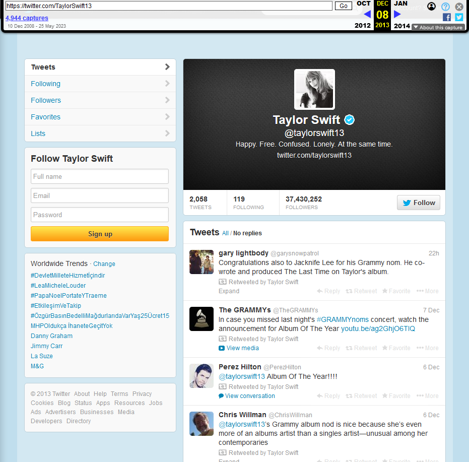 A screenshot of the wayback machine showing a cached copy of Taylor Swift's twitter page in 2013.